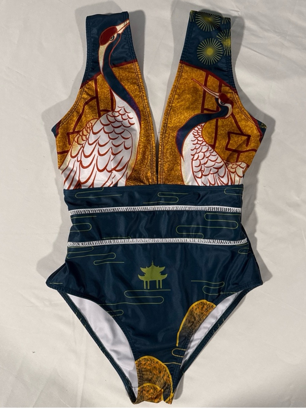 Averié Crane-Print Deep Navy & Gold One-Piece Swimsuit